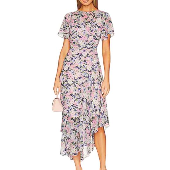 ASTR The Label Flutter Sleeve Maxi Dress Asymmetrical Hem Purple Floral M Y2K - Picture 1 of 11